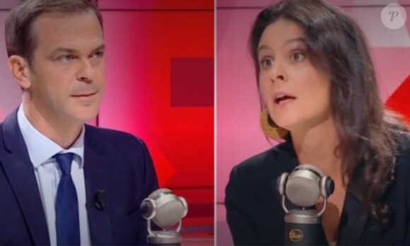 Olivier Véran, l'actuel porte-parole du gouvernement face à Apolline de Malherbe sur le plateau de BFMTV dans l'émission "Face à face".