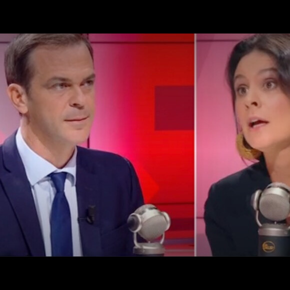 Olivier Véran, l'actuel porte-parole du gouvernement face à Apolline de Malherbe sur le plateau de BFMTV dans l'émission "Face à face".