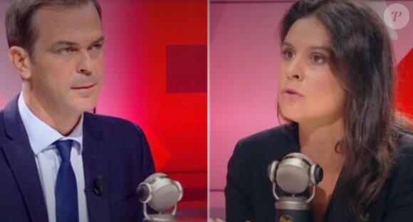 Olivier Véran, l'actuel porte-parole du gouvernement face à Apolline de Malherbe sur le plateau de BFMTV dans l'émission "Face à face".