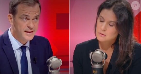 Olivier Véran, l'actuel porte-parole du gouvernement face à Apolline de Malherbe sur le plateau de BFMTV dans l'émission "Face à face".