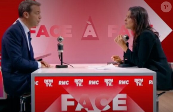 Olivier Véran, l'actuel porte-parole du gouvernement face à Apolline de Malherbe sur le plateau de BFMTV dans l'émission "Face à face".