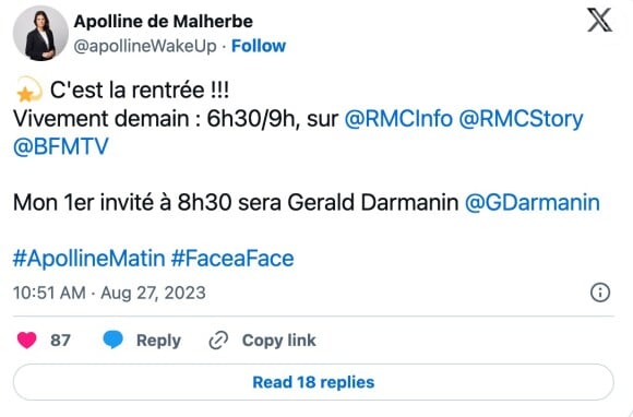 Apolline de Malherbe annonçant sur X (Twitter) la venue de Gérald Darmanin.