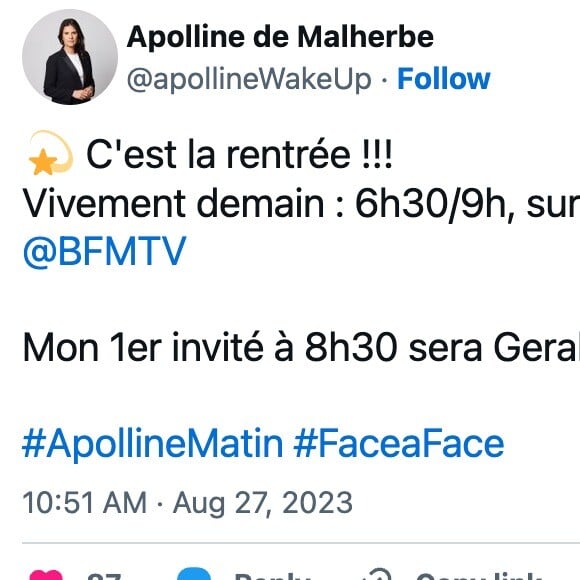 Apolline de Malherbe annonçant sur X (Twitter) la venue de Gérald Darmanin.