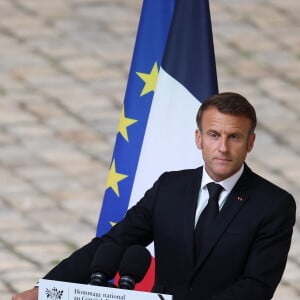 Le président de la République française, Emmanuel Macron lors de l'hommage national du général d'armée Jean-Louis Georgelin sur l'esplanade des Invalides à Paris, France, le 25 août 2023. © Dominique Jacovides/Bestimage 