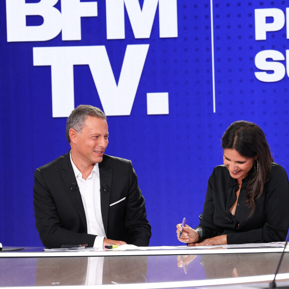 Marc-Olivier Fogiel et Apolline de Malherbe lors de la conférence de presse de rentrée BFM TV. - RMC du groupe Altice France à Paris, France, le 31 août 2023. © Coadic Guirec/Bestimage