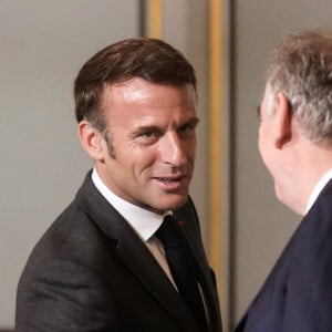 Le président français Emmanuel Macron, Francois Bayrou et le ministre du travail, Olivier Dussopt lors de la troisième session plénière du Conseil national de la refondation (CNR), au palais de l'Elysée, Paris, France, le 7 septembre 2023. © Stéphane Lemouton / Bestimage