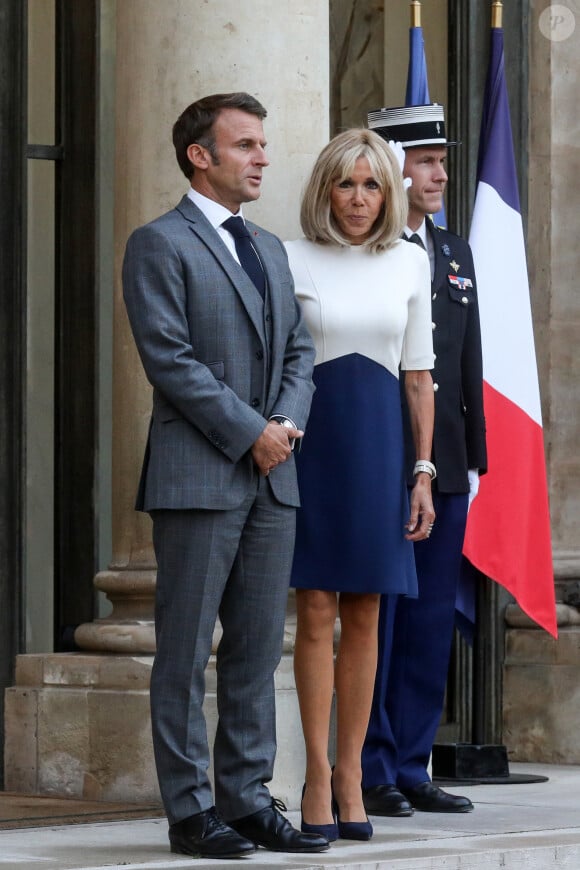 Le président français Emmanuel Macron et la première dame, Brigitte Macron accueillent Frank-Walter STEINMEIER, Président de la République fédérale d'Allemagne et son épouse pour un dîner au palais de l'Elysée, Paris, France, le 31 août 2023. © Stéphane Lemouton / Bestimage