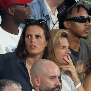 Laure Manaudou - People dans les tribunes lord du match d'ouverture de la Coupe du Monde de Rugby France 2023 avant le match de la Poule A entre la France et la Nouvelle-Zélande au Stade de France à Saint-Denis le 8 septembre 2023. © Dominique Jacovides/Bestimage 