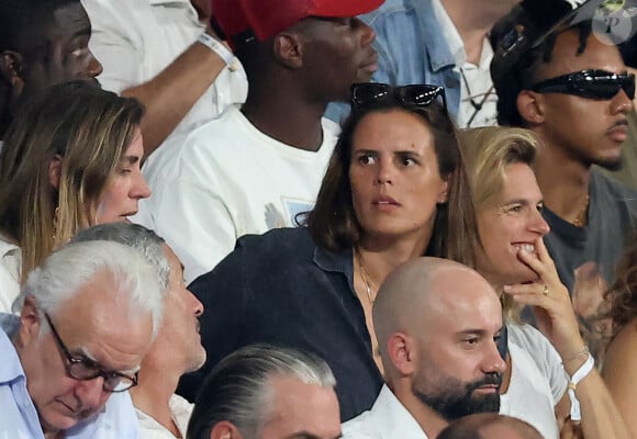 Laure Manaudou - People dans les tribunes lord du match d'ouverture de la Coupe du Monde de Rugby France 2023 avant le match de la Poule A entre la France et la Nouvelle-Zélande au Stade de France à Saint-Denis le 8 septembre 2023. © Dominique Jacovides/Bestimage 