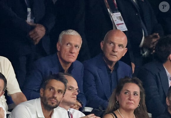 Didier Deschamps, Guy Stéphan, Tony Estanguet - People dans les tribunes lord du match d'ouverture de la Coupe du Monde de Rugby France 2023 avant le match de la Poule A entre la France et la Nouvelle-Zélande au Stade de France à Saint-Denis le 8 septembre 2023. © Dominique Jacovides/Bestimage 