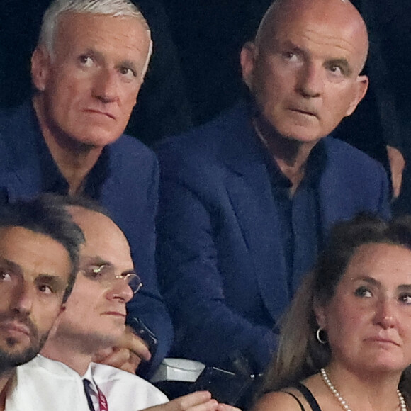 Didier Deschamps, Guy Stéphan, Tony Estanguet - People dans les tribunes lord du match d'ouverture de la Coupe du Monde de Rugby France 2023 avant le match de la Poule A entre la France et la Nouvelle-Zélande au Stade de France à Saint-Denis le 8 septembre 2023. © Dominique Jacovides/Bestimage 