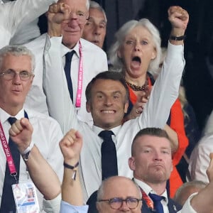 Emmanuel Macron - People dans les tribunes lord du match d'ouverture de la Coupe du Monde de Rugby France 2023 avant le match de la Poule A entre la France et la Nouvelle-Zélande au Stade de France à Saint-Denis le 8 septembre 2023. © Dominique Jacovides/Bestimage 