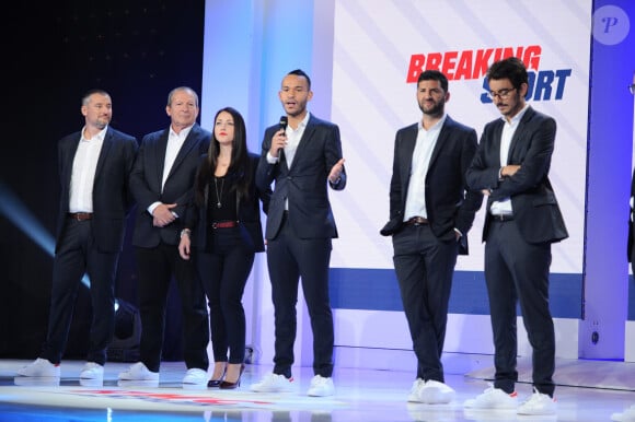 Rolland Courbis, Mohamed Bouhafsi et Sonia Carneiro (Equipe de l'émission Breaking Sport) - Conférence de presse du lancement des chaines RMC Sport au studio Gabriel à Paris le 30 mai 2018. © Guillaume Gaffiot/Bestimage