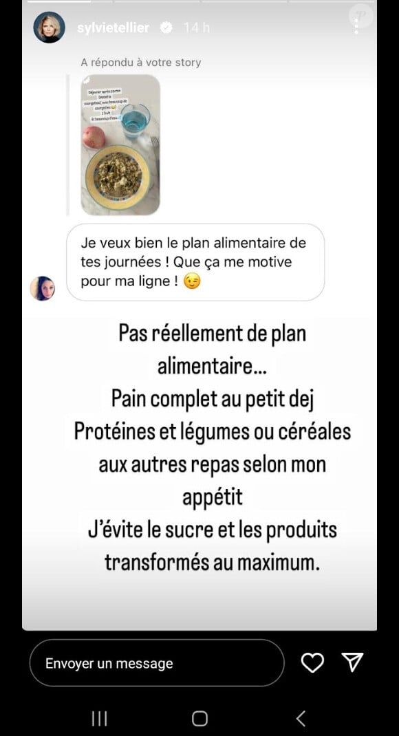 Et elle les a dévoilés ce mercredi 13 septembre 2023 via sa story Instagram ! Visiblement, Sylvie Tellier n'a pas "réellement de plan alimentaire".