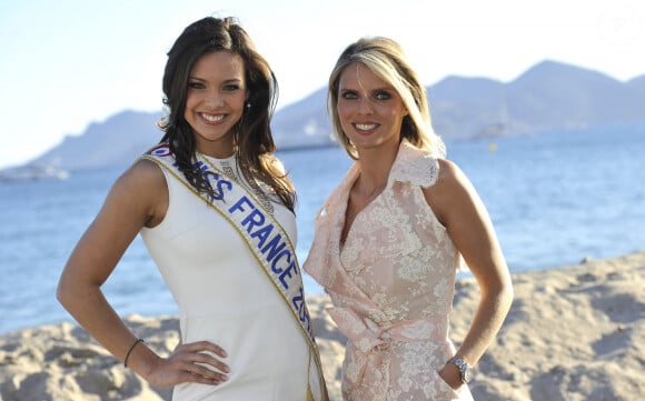 Exclusif - Marine Lorphelin (miss france 2013) et Sylvie Tellier - Rencontre avec Marine Lorphelin (miss france 2013) sur la plage Magnum de Cannes, le 25 mai 2013.