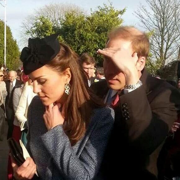 Prince William, Kate Middleton et le Prince Harry - Mariage de leurs amis Lucy Meade et Charlie Budgett à l'église St. Mary's Church, Marshfield, dans le Gloucestershire, 20 mars 2014.