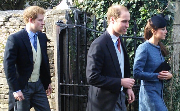Prince William, Kate Middleton et le Prince Harry - Mariage de leurs amis Lucy Meade et Charlie Budgett à l'église St. Mary's Church, Marshfield, dans le Gloucestershire, 20 mars 2014.