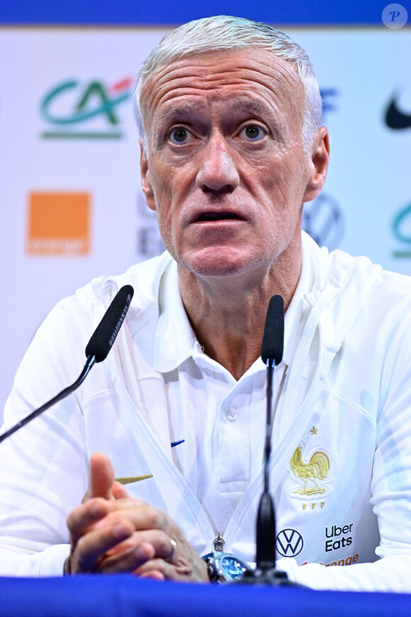 Le sélectionneur de l'équipe de France Didier Deschamps en conférence de presse au Centre National du Football (CNF) de Clairefontaine-en-Yvelines, France, le 9 octobre 2023. © Federico Pestellini/Panoramic/bestimage