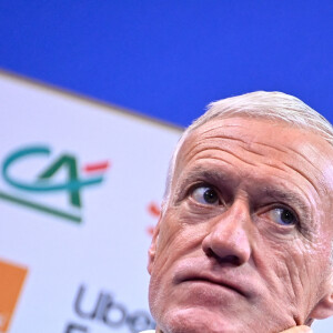 Le sélectionneur de l'équipe de France Didier Deschamps en conférence de presse au Centre National du Football (CNF) de Clairefontaine-en-Yvelines, France, le 9 octobre 2023. © Federico Pestellini/Panoramic/bestimage