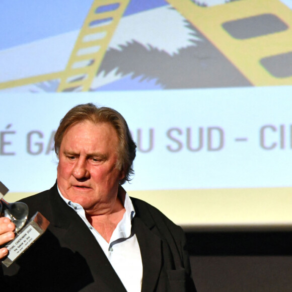 Guilaine Londez, Gérard Depardieu et Florian Zeller lors de la soirée de clôture de la 3eme édition du Festival Cinéroman à Nice, le 24 octobre 2021. © Bruno Bebert / Bestimage 