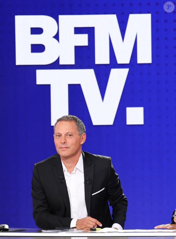 Marc-Olivier Fogiel lors de la conférence de presse de rentrée BFM TV. - RMC du groupe Altice France à Paris, France, le 31 août 2023. © Coadic Guirec/Bestimage 