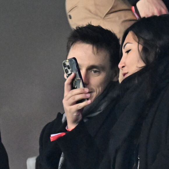 Louis et Marie Ducruet durant le match de football de phase de groupes de l'Euro 2024, France contre Gibraltar, à l'Allianz Riviera à Nice, le 18 novembre 2023. Déjà qualifiée pour l'Euro-2024, la France a battu Gibraltar 14 à 0. C'est la plus large victoire de l'histoire des Bleus. Ils se sont imposés grâce notamment à un triplé de Kylian Mbappé et des doublés de Kingsley Coman et Olivier Giroud. Warren Zaïre-Emery, qui a fait ses grands débuts en Bleu à 17 ans, 8 mois et 10 jours, le plus jeune joueur à revêtir le maillot bleu depuis 1911, a été l'auteur du 3eme but. Le milieu de terrain n'a profité qu'un quart d'heure de sa première sélection en équipe de France, à 17 ans, ayant été contraint de sortir prématurément, blessé à la cheville juste après avoir marqué son premier but avec les Bleus. © Bruno Bebert / Bestimage 