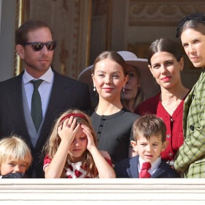 Andrea Casiraghi, son fils Francesco, la princesse Alexandra de Hanovre, India Casiraghi, Charlotte Casiraghi et son fils Balthazard Rassam, Tatiana Santo Domingo - La famille princière de Monaco au balcon du palais, à l'occasion de la Fête Nationale de Monaco. Le 19 novembre 2023 © Dominique Jacovides-Bruno Bebert / Bestimage 