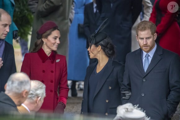 Le prince William, Catherine Kate Middleton, Meghan Markle, duchesse de Sussex enceinte, le prince Harry La famille royale britannique se rend à la messe de Noël à l'église Sainte-Marie-Madeleine à Sandringham, le 25 décembre 2018.