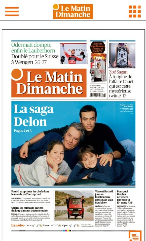 L'affaire Delon en Une du journal Suisse "Le Matin"