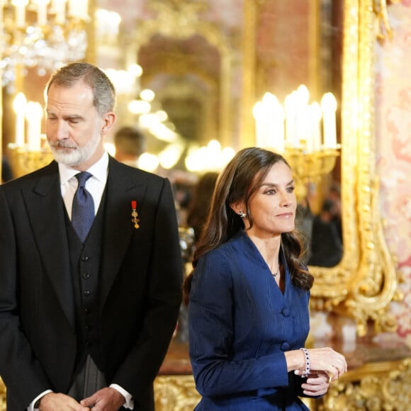 Le roi Felipe VI et la reine Letizia d'Espagne lors de la réception annuelle avec les ambassadeurs au palais royal à Madrid. Le 31 janvier 2024 