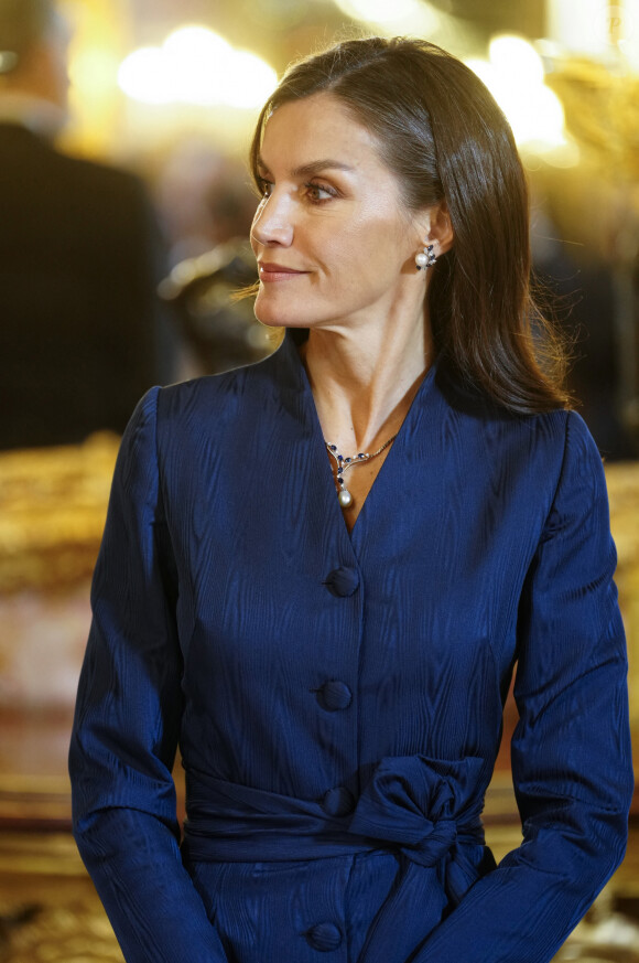 La reine Letizia d'Espagne lors de la réception annuelle avec les ambassadeurs au palais royal à Madrid. Le 31 janvier 2024 