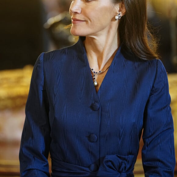 La reine Letizia d'Espagne lors de la réception annuelle avec les ambassadeurs au palais royal à Madrid. Le 31 janvier 2024 