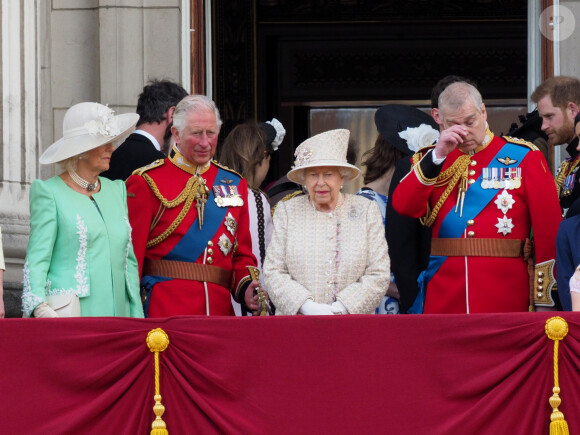 Camilla Parker Bowles, duchesse de Cornouailles, le prince Charles, prince de Galles, la reine Elisabeth II d'Angleterre, le prince Andrew, duc d'York - La famille royale au balcon du palais de Buckingham lors de la parade Trooping the Colour 2019, célébrant le 93ème anniversaire de la reine Elisabeth II, Londres, le 8 juin 2019. 