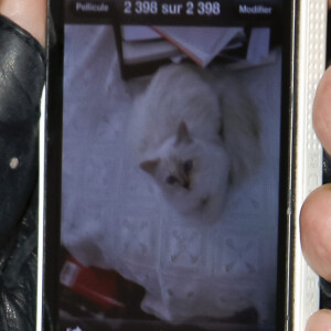 Karl Lagerfeld montre sur son telephone la photo de son chat 'Choupette' - Exposition 'La Petite Veste Noire' (The Little Black Jacket), photographies de Karl Lagerfeld a Berlin en Allemagne le 20 Novembre 2012. 