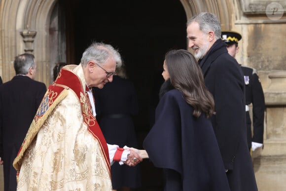 à laquelle ils ont assisté avec toute la famille.
Le roi Felipe VI et la reine Letizia d'Espagne, - Service commémoratif du roi Constantin de Grèce au château de Windsor le 27 février 2024. 