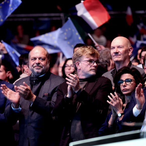 Éric Dupond-Moretti, Ministre de la Justice, Marc Fesneau, Ministre de l'Agriculture et de la Souveraineté alimentaire, Rachida Dati, ministre de la Culture lors du meeting "Besoin d'Europe" au Grand Palais à Lille pour le lancement de la campagne du parti Renaissance pour les élections européennes en présence de V.Hayer.  Lille, le 9 mars 2024. © Dominique Jacovides / Bestimage 