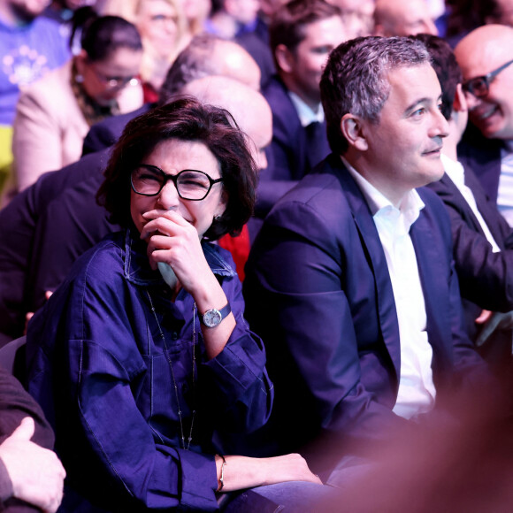 Rachida Dati, ministre de la Culture, Gérald Darmanin, ministre de l'Intérieur lors du meeting "Besoin d'Europe" au Grand Palais à Lille pour le lancement de la campagne du parti Renaissance pour les élections européennes en présence de V.Hayer Lille, le 9 mars 2024. © Dominique Jacovides / Bestimage 