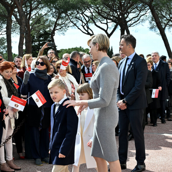 Le prince de Monaco fête son anniversaire (66 ans) avec la princesse Charlène de Monaco et leurs enfants, le prince Jacques de Monaco, marquis des Baux, et la princesse Gabriella de Monaco, comtesse de Carladès, sur la Place du Palais princier de Monaco, le 14 mars 2024. © Bruno Bebert/Bestimage 