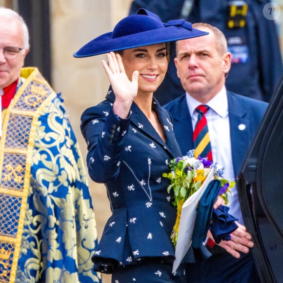 La famille royale britannique à la sortie du service annuel du jour du Commonwealth à l'abbaye de Westminster à Londres le 13 mars 2023.