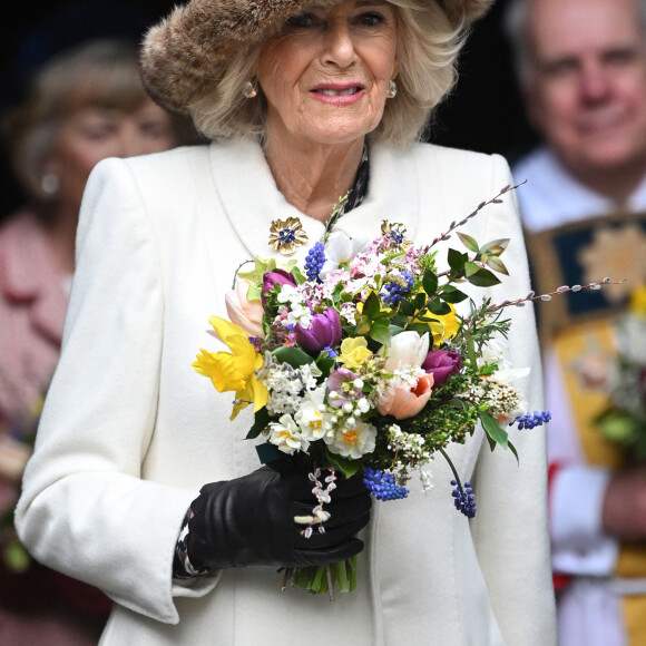 Camilla Parker Bowles, reine consort d'Angleterre, assiste au service Royal Maundy à la cathédrale de Worcester, le 28 mars 2024. 