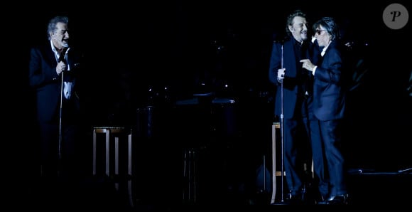 Exclusif - Eddy Mitchell, Johnny Hallyday et Jacques Dutronc - Premier concert "Les Vieilles Canailles" au stade Pierre Mauroy à Lille. Le trio sera en concert à Paris à l'Accorhotels Arena Popb Bercy le 24 juin, et sera retransmis en direct sur TF1 en Prime Time. Lille, le 10 juin 2017 © Andred / Bestimage 