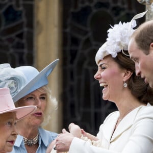Le prince Philip, duc d'Edimbourg, la reine Elisabeth II, Camilla Parker Bowles, la duchesse de Cornouailles, Catherine Kate Middleton, la duchesse de Cambridge, le prince William, la princesse Charlotte de Cambridge - Sorties après le baptême de la princesse Charlotte de Cambridge à l'église St. Mary Magdalene à Sandringham, le 5 juillet 2015. 