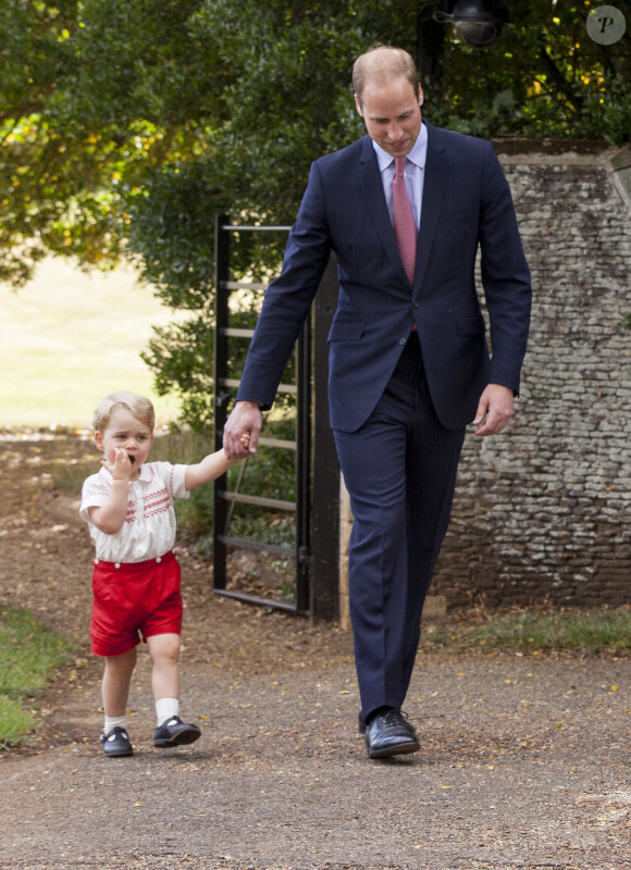 Le prince William, le prince George de Cambridge - Sorties après le baptême de la princesse Charlotte de Cambridge à l'église St. Mary Magdalene à Sandringham, le 5 juillet 2015. 