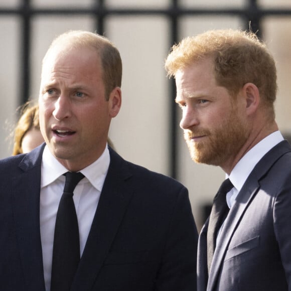 Le prince de Galles William, le prince Harry, duc de Sussex à la rencontre de la foule devant le château de Windsor, suite au décès de la reine Elisabeth II d'Angleterre.