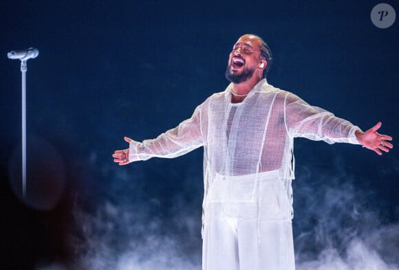 10 mai 2024, Suède, Malm : Slimane de France avec la chanson "Mon amour" pendant la répétition pour la finale du Concours Eurovision de la chanson (ESC) 2024 dans l'arène de Malm. La devise du plus grand concours de chant au monde est "Unis par la musique". Photo : Jens Bttner/DPA/ABACAPRESS.COM