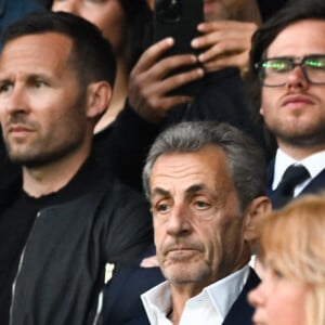 Nicolas Sarkozy et Nasser Al Khelaifi Célébrités dans les tribunes du match de Ligue 1 Uber Eats "PSG-Toulouse" (1-3) au Parc des Princes à Paris le 12 mai 2024.