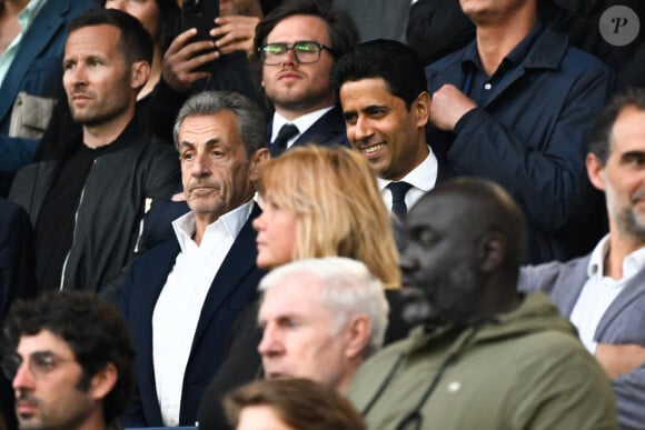 Nicolas Sarkozy et Nasser Al Khelaifi Célébrités dans les tribunes du match de Ligue 1 Uber Eats "PSG-Toulouse" (1-3) au Parc des Princes à Paris le 12 mai 2024.