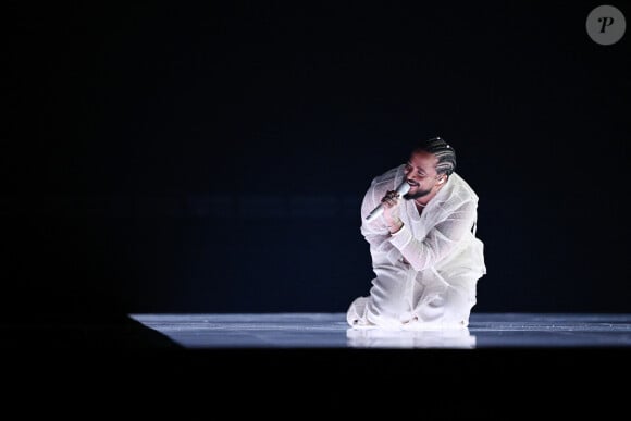 Slimane avec sa chanson "Mon Amour" lors de la première répétition générale avant la finale de la 68ème édition du Concours Eurovision de la chanson (ESC) à la Malmö Arena, en Suède, le 9 mai 2024.