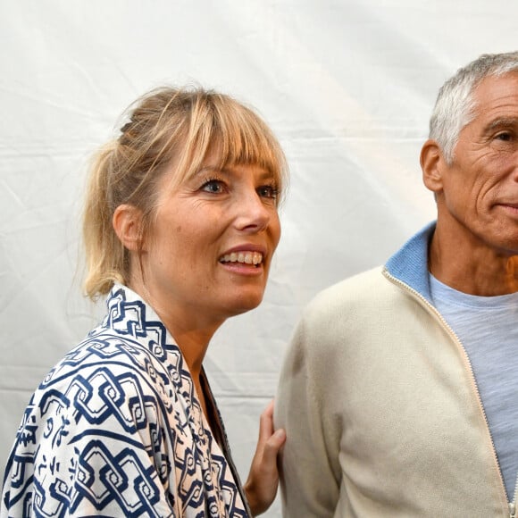 Exclusif - Nagui et sa femme Mélanie Page durant la soirée de clôture de la 1ere édition du festival Les Théâtrales d'Eze en plein air à l'oppidum du Col d'Eze avec la pièce "Brexit sentimental", le 8 août 2023.