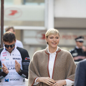 La princesse Charlène de Monaco assiste à l'arrivée de la 10ème édition de la randonnée cycliste caritative St Tropez à Monaco organisée par le COCC (Champagne & Oyster Cycling Club of Monaco) au profit de la Princesse Charlène de Monaco le 5 mai 2024. © Olivier Huitel / Pool Monaco / Bestimagents.